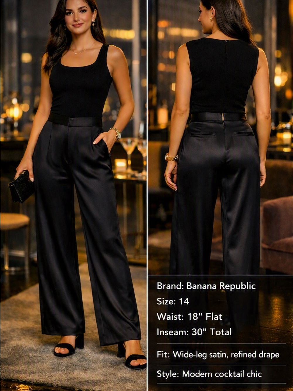 Banana Republic Black Satin Wide-Leg Trousers Size 14